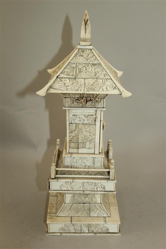 A Japanese ivory veneered model of a shrine, early 20th century, 32.5cm, wood stand